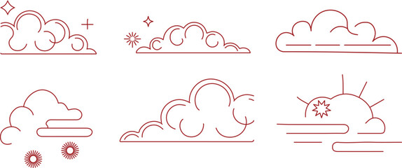 Minimal Red Cloud Line Art Icons &ndash; Decorative Sky and Weather Symbol Vector Set
