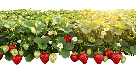 Ripe and unripe strawberries, growing on green plants with white flowers, cutout, PNG isolated on white or transparent background