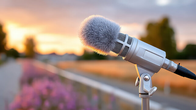 Professional boom microphone with furry windscreen on stand outdoors at sunset, ready for interview, video production or live broadcast.