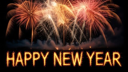 Spectacular fireworks display over happy new year text in bright colors