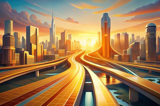 Futuristic cityscape with elevated highways at sunset