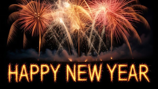 Spectacular fireworks display over happy new year text in bright colors