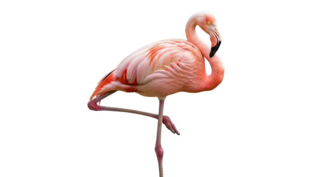 Isolated flamingo stands in a relaxed pose, a tropical wading bird with bright plumage
