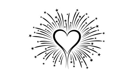 Black heart shape with starburst design on a white background in a simple vector graphic