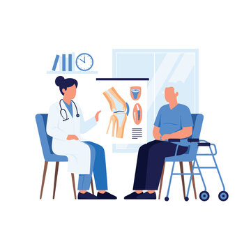 Female doctor explaining knee joint anatomy and arthritis to an elderly male patient with a walker in her medical office.
