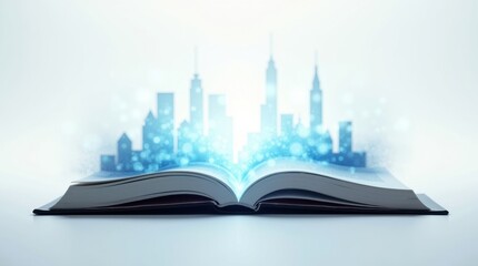 Open book with glowing city skyline emerging from pages