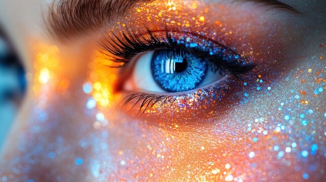 Close-up of woman's face with vibrant glitter makeup, focusing on blue eyes - Powered by Adobe