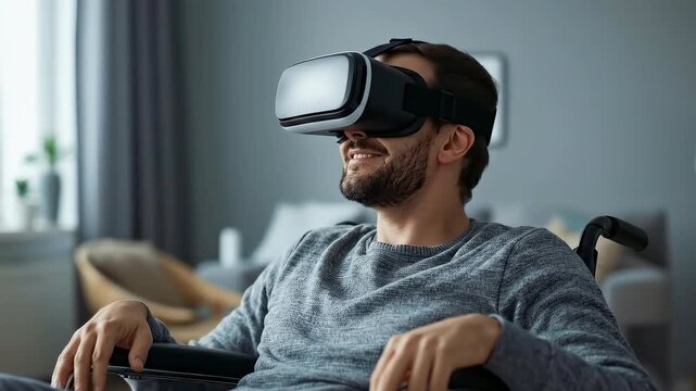 A close-up shot of a bearded man sitting in a wheelchair as he puts on a virtual reality (VR) headset. He looks around with initial surprise, which then turns into a happy, delighted smile as he immer
