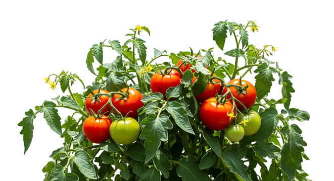 Ripe red and unripe green tomatoes, growing on a lush green plant with yellow flowers, cutout, PNG isolated on white or transparent background