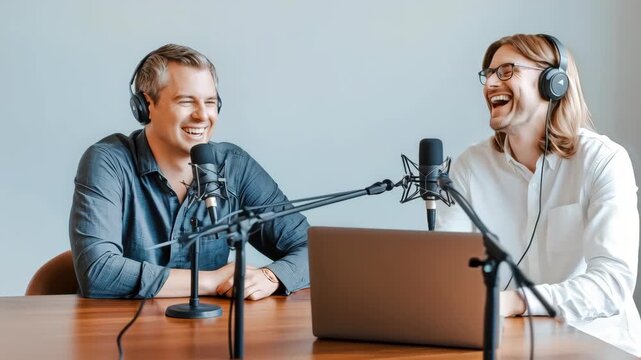 Two young men seated at a wooden table, engaged in a podcast recording session