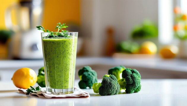 Healthy green broccoli smoothie with fresh ingredients and vibrant colors on kitchen counter - Powered by Adobe
