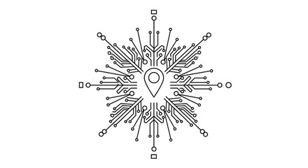 Black and white image of a map marker surrounded by circuit board like design with lines