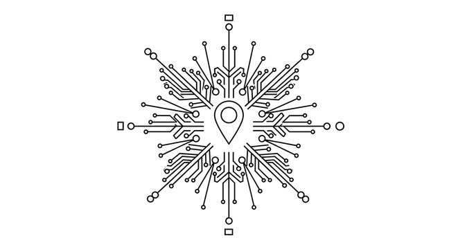 Black and white image of a map marker surrounded by circuit board like design with lines