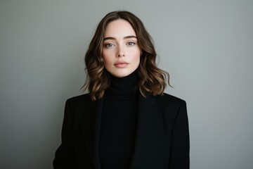 Fototapeta premium Modern businesswoman with center parted hair, wearing a black turtleneck and blazer, poses confidently against a neutral background