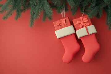 Santa Claus hats or boots hanging from the branches, 3d illustration of two light red gift boxes with bows and ribbons