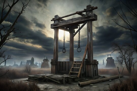 An ancient wooden gallows stands under a stormy dramatic sky