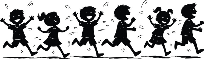 Silhouette of cheerful children running and playing happily together vector illustration
