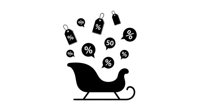 Black silhouette of a sleigh filled with percentage signs and price tags on a white background