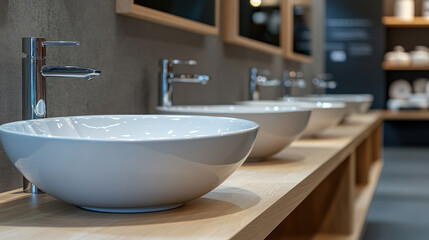 Fototapeta premium display of modern sinks and faucets in hardware store or construction hypermarket, clean retail environment