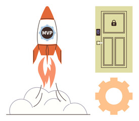 Rocket launch with MVP label, locked door with card access, and gear icon. Ideal for innovation, startups, MVP development, security, progress, productivity simple flat metaphor