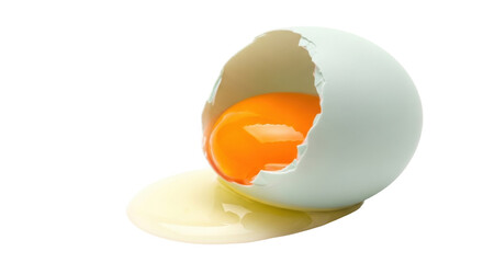 Isolated cracked egg with yolk dripping out, raw ingredient for baking and cooking, foodstuff