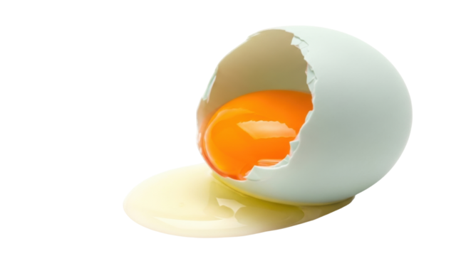 Isolated cracked egg with yolk dripping out, raw ingredient for baking and cooking, foodstuff