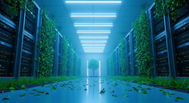 Green data center with servers and plants, showcasing sustainable technology and ecofriendly computing solutions for a greener future and environmental responsibility