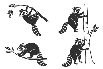 Playful raccoon icon set with minimalist design elements