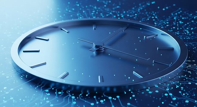 Clock on a circuit board, symbolizing time in technology, deadlines in digital projects, and the integration of timekeeping with modern electronic systems