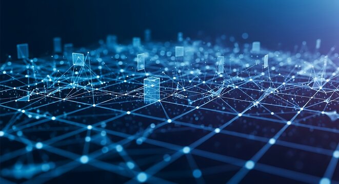 Digital Network Grid with Glowing Nodes and Cubes abstract