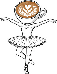 Latte ballerina illustration, coffee cup head art, whimsical dance design, creative concept sketch, ballet tutu, black and white drawing © razia