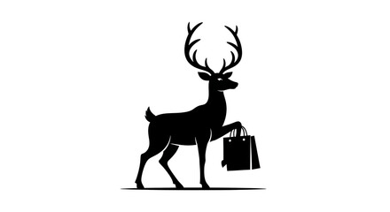 Fototapeta premium Silhouette of a deer holding a shopping bag in black and white simple design with antlers and tail
