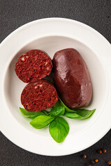 Black pudding blood sausage dish natural product tasty snack fresh delicious gourmet food background on the table rustic top view copy space