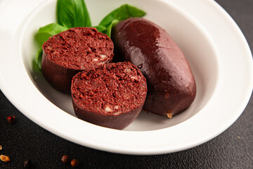 Black pudding blood sausage dish natural product tasty snack fresh delicious gourmet food background on the table rustic top view copy space
