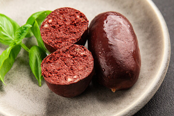 Black pudding blood sausage dish natural product tasty snack fresh delicious gourmet food background on the table rustic top view copy space