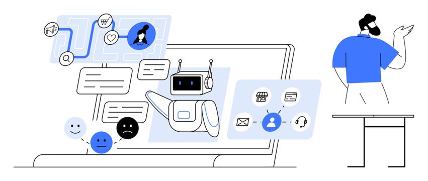 Artificial intelligence chatbot on a laptop screen with emotional icons, user profiles, and flowchart elements. Ideal for technology, customer service, AI, automation, workflow, emotion analysis