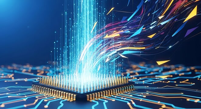 The power of artificial intelligence a glowing cpu chip processes data with light trails, representing the future of technology and innovation