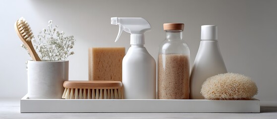 Eco-friendly cleaning tools arranged in a long banner layout , emphasizing natural home hygiene, gentle materials, and modern sustainable care