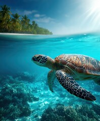 Obraz premium Majestic sea turtle glides through clear waters near tropical coastline