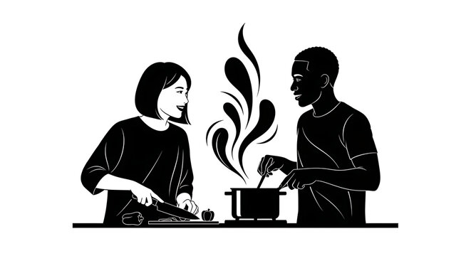 Illustration of a couple cooking together with steam rising from a pot on a stove top