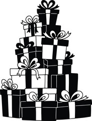 Stack of black and white gift boxes with decorative bows illustration