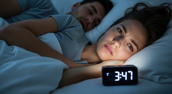 Woman suffering from insomnia in bed next to a man sleeping. Digital alarm clock showing early morning hours. Sleep disorder or disruption.