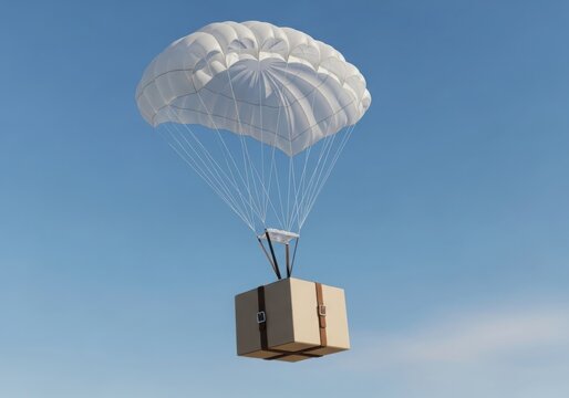 Airdrop delivery package suspended from a parachute against a clear blue sky