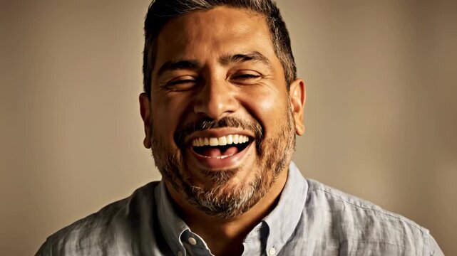 Close-up portrait of a cheerful middle-aged Hispanic man with a genuine and hearty laugh expressing pure joy