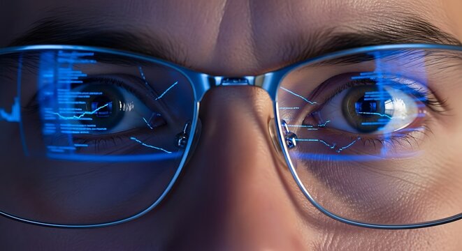 Close up of eyes behind glasses reflecting computer code