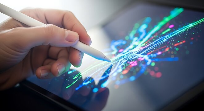 Closeup of a hand using a digital pen on a tablet, creating colorful abstract art, symbolizing creativity, technology, and digital design
