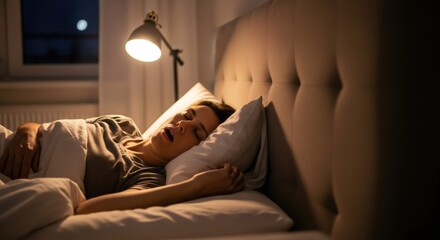 Woman sleeping on a bed at night with her mouth open. Sleep apnea, snoring, or a bad night's rest concept. Healthy habit.
