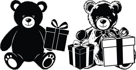 Two teddy bears present gifts in black and white illustration