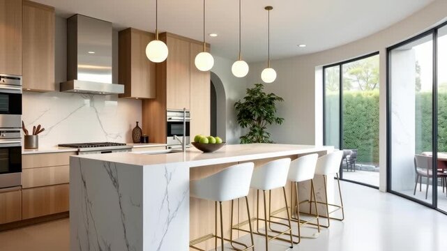 A modern, minimalist kitchen with a sleek and open layout