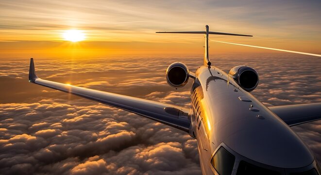 Private jet flying above clouds at sunset with sunflare
